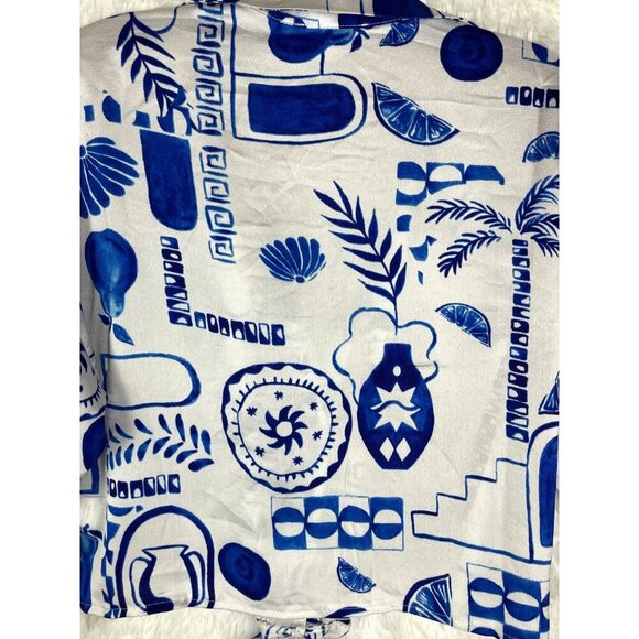 NWT Peach Medium Blue & White Short Sleeve Crop Top Waist Tie Collared V-Neck - Picture 7 of 8